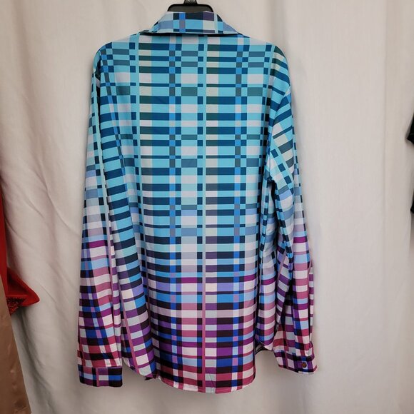 Button down blouse XL long sleeves colorful plaid Women's Polyester Ombre - Picture 2 of 10
